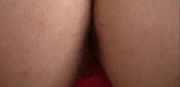  A blonde with a juicy PAWG and in striped stockings masturbates her hairy pussy with panties and a dildo Homemade fetish